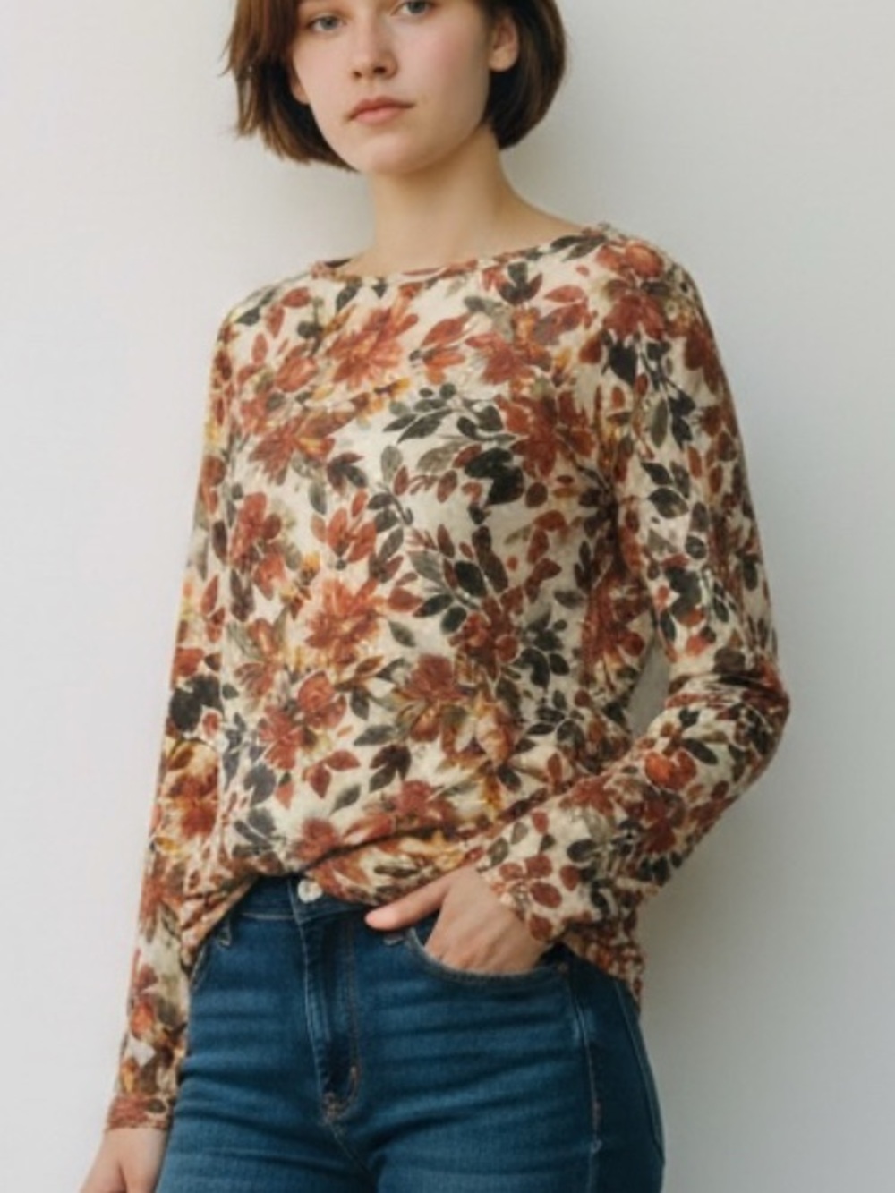 NWT, AGB, Fall Tunic Pullover Tan, Orange Floral‎ Top, Scalloped Front Bottom XL - Picture 2 of 5